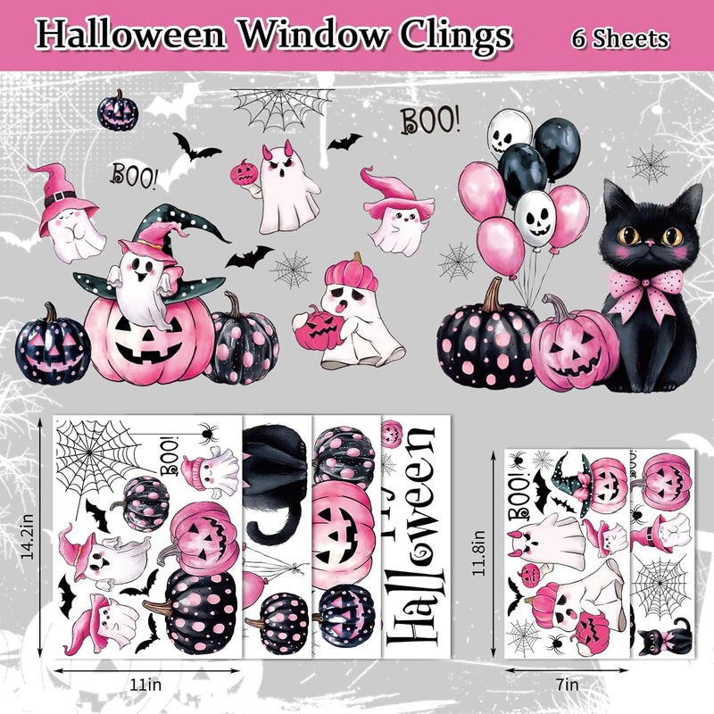 Whaline 6 Sheets Happy Halloween Window Clings Pink-Black Boo Ghost Pumpkin Spider Web Cat Reusable Window Decals for Home Classroom Office Glass Decor Party Supplies - Image 5